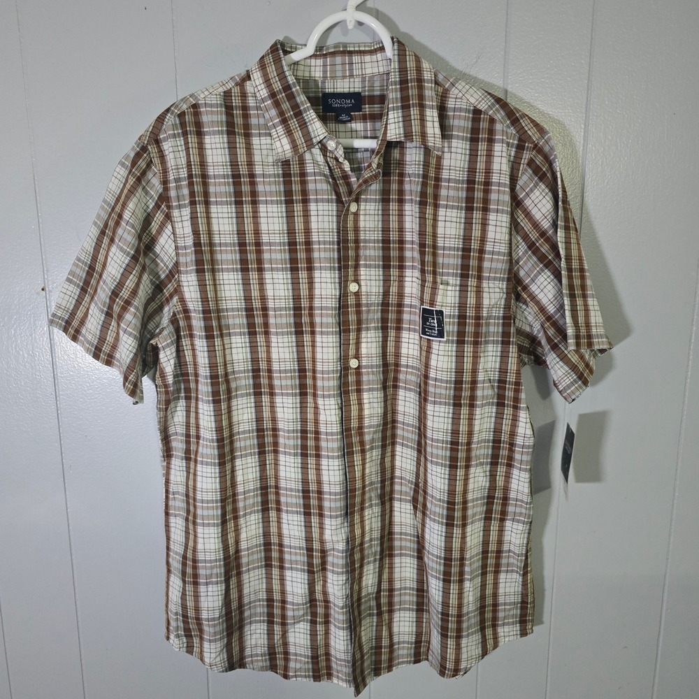 NWT Sonoma Life + Style Men's M Short Sleeve Button‎ Down Shirt Brown Tan Plaid
